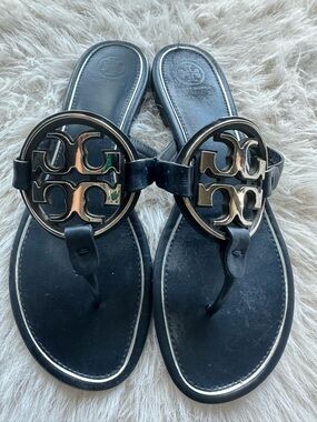 Tory Burch Navy Metal Miller Leather Logo Thong Sandals with silver Emblem 10